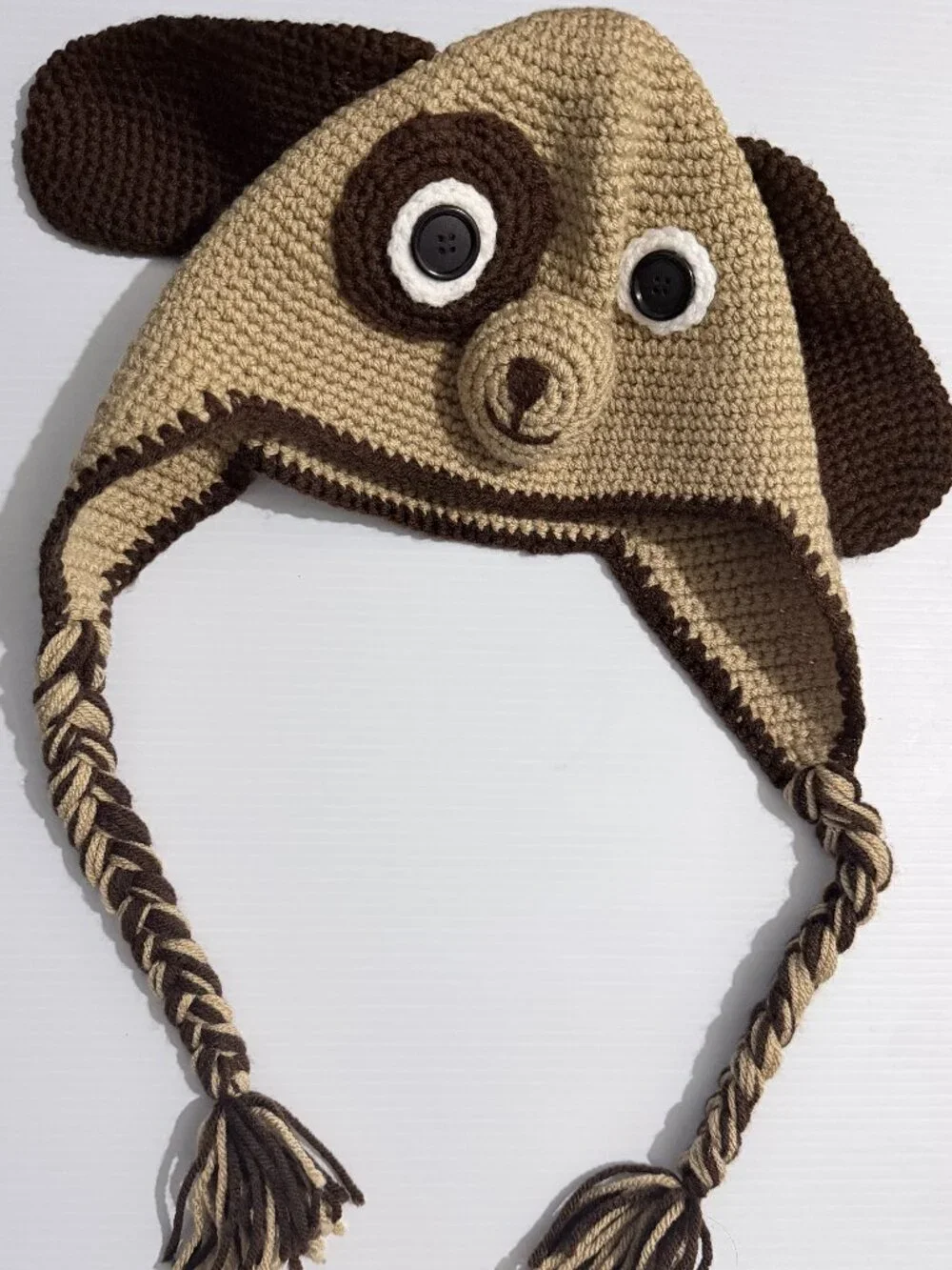 Crochet Puppy Dog Hat | Handmade Earflap Beanie with Braided Tassels